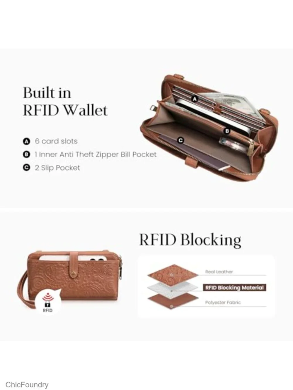 Genuine Leather Wristlet Wallet Crossbody Bag with RFID Blocking